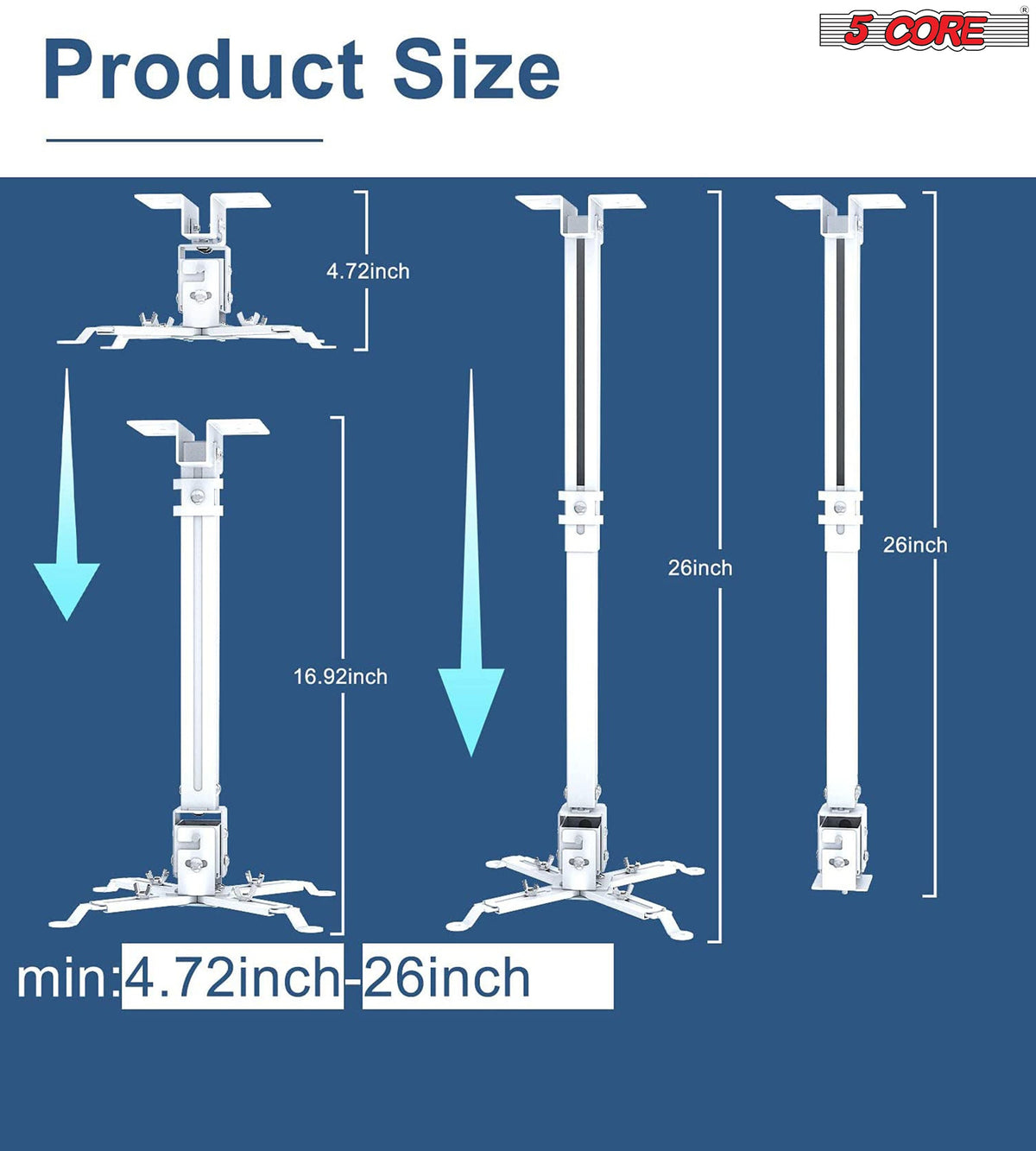 5Core Projector Mount Ceiling Wall Universal Holder Adjustable Low Profile Capacity 40lb