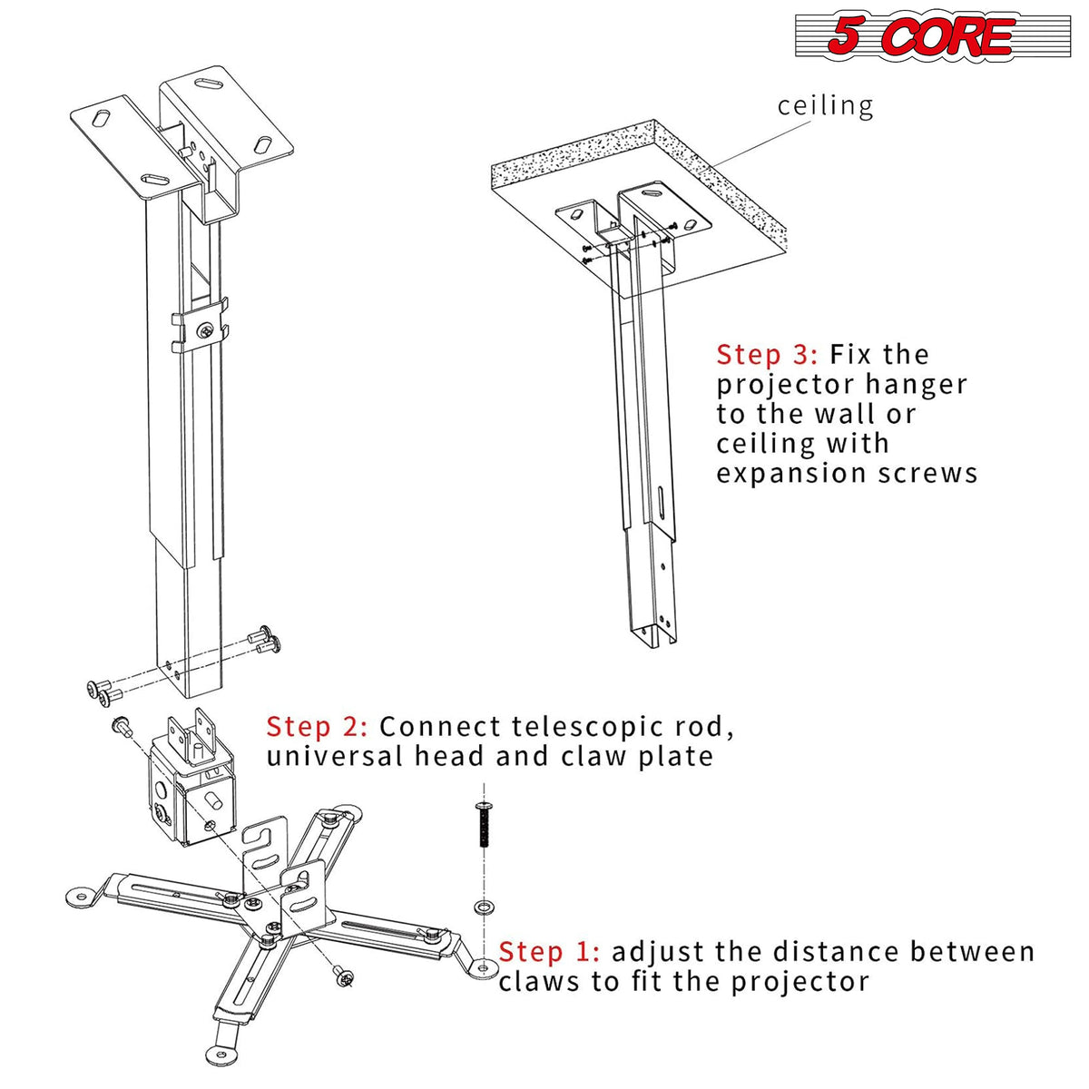 5Core Projector Mount Ceiling Wall Universal Holder Adjustable Low Profile Capacity 40lb